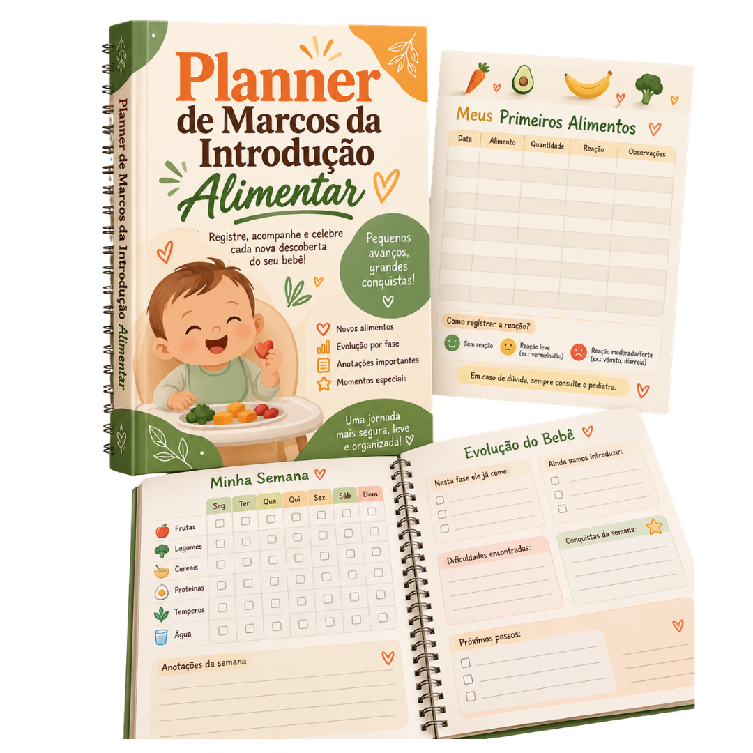 Planner de Marcos da Introdução Alimentar com bebê comendo na cadeirinha na capa
